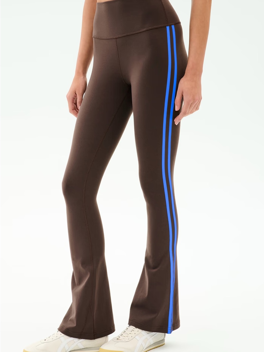 Splits59 Brown Flare Leggings with Blue Side Stripes